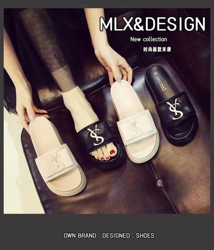 2025 Summer New Women's Fashion Letter Designer Sandals Casual Thick Bottom Round Toe Leather Beach Shoes Женские Сандалии PlatiNum