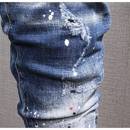 Fashion Streetwear Men Jeans Retro Black Blue Elastic Slim Fit Ripped Jeans Men Spliced Designer Embroidery Hip Hop Denim Pants PlatiNum