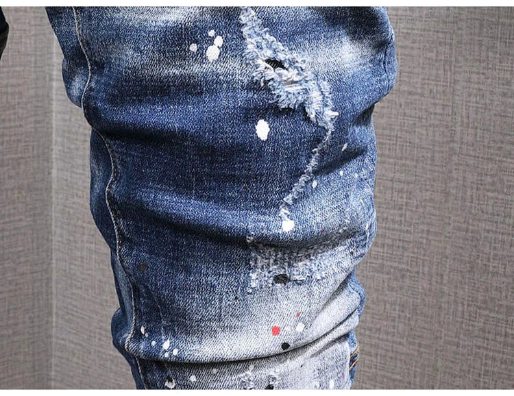 Fashion Streetwear Men Jeans Retro Black Blue Elastic Slim Fit Ripped Jeans Men Spliced Designer Embroidery Hip Hop Denim Pants PlatiNum