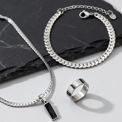 Elegante Set di Gioielli da Uomo con 3 Pezzi, Catena Cubana Piatta, Ciondolo Geometrico in Acciaio Inox con Pietra, Gioielli Hip Hop, Regalo per Lui platinumshop
