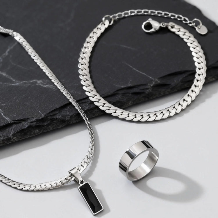 Elegante Set di Gioielli da Uomo con 3 Pezzi, Catena Cubana Piatta, Ciondolo Geometrico in Acciaio Inox con Pietra, Gioielli Hip Hop, Regalo per Lui platinumshop