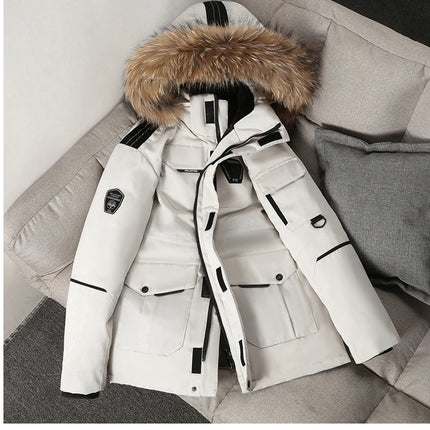Winter Men's Warm Mountain SKi Parkas Fashion Men Fur Collar Mid-Long Down Padded Coats Men Windbreaker Thermal Hooded Jackets