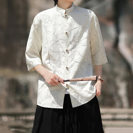 Camicia stile cinese da uomo lamina d'oro elegante vestibilità ampia camicie a maniche lunghe ispirate all'annata camicette sottili estive casual abbigliamento da uomo
