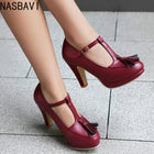 NASBAVI Fashion Female Pumps Round Toe Chunky Heels 9cm Platform 1.5cm Buckle T-Strap Tassels Plus Size 46 47 48 Sexy Shoes PlatiNum