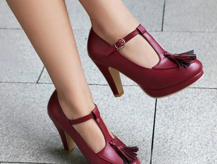 NASBAVI Fashion Female Pumps Round Toe Chunky Heels 9cm Platform 1.5cm Buckle T-Strap Tassels Plus Size 46 47 48 Sexy Shoes PlatiNum