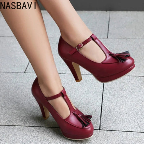 NASBAVI Fashion Female Pumps Round Toe Chunky Heels 9cm Platform 1.5cm Buckle T-Strap Tassels Plus Size 46 47 48 Sexy Shoes PlatiNum