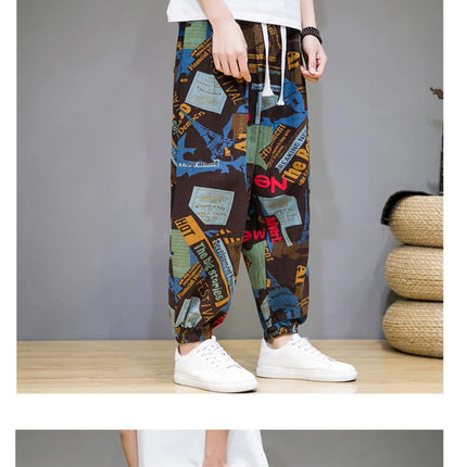 Pantaloni Primavera-Estate da Uomo in Stile Cinese, Sottili e Traspiranti in Cotone e Lino, con Vita Elastica, Pantaloni Harem Stampati Casual e Comodi