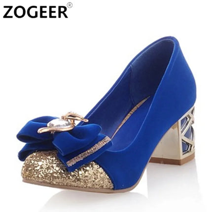 Scarpe décolleté da donna casual con tacco basso in cristallo blu di lusso Scarpe da festa di nozze con tacco nero rosa legato con fiocco dolce da donna