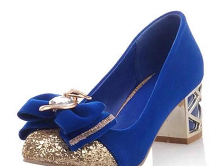 Scarpe décolleté da donna casual con tacco basso in cristallo blu di lusso Scarpe da festa di nozze con tacco nero rosa legato con fiocco dolce da donna