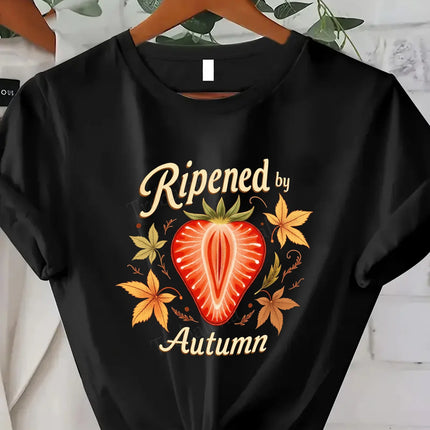 Comoda maglietta da donna con stampa strappata dalla maglietta autunnale con fragole |   Maglietta da donna Fall Harvest