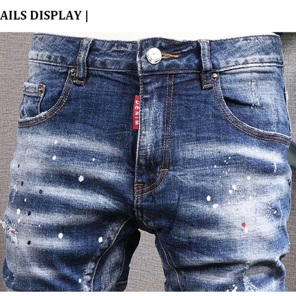 Fashion Streetwear Men Jeans Retro Black Blue Elastic Slim Fit Ripped Jeans Men Spliced Designer Embroidery Hip Hop Denim Pants PlatiNum