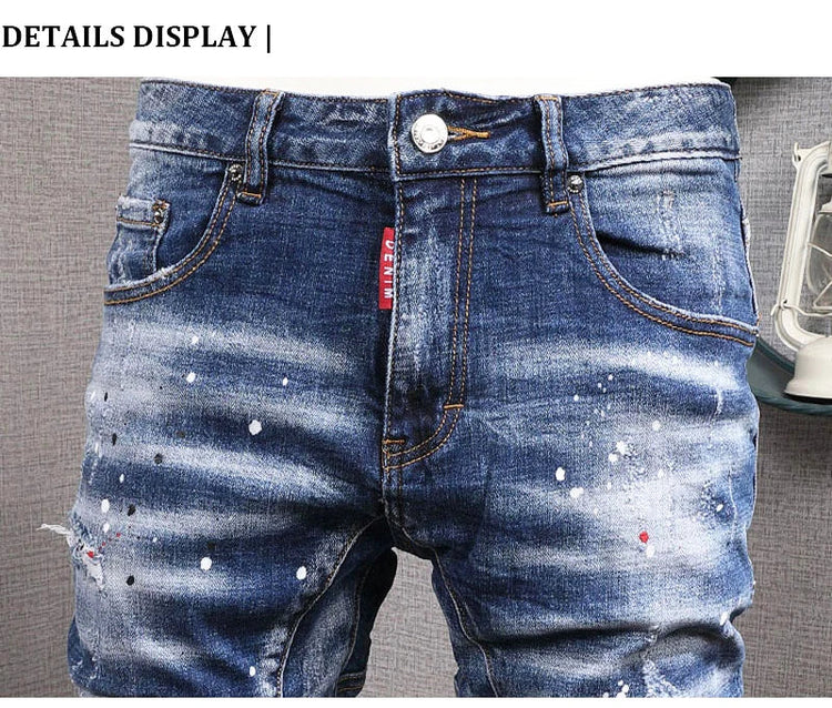 Fashion Streetwear Men Jeans Retro Black Blue Elastic Slim Fit Ripped Jeans Men Spliced Designer Embroidery Hip Hop Denim Pants PlatiNum