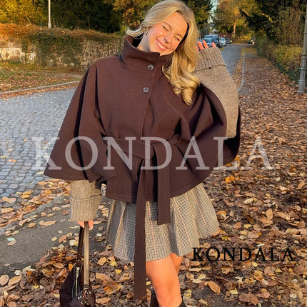 KONDALA Women Fall Casual Elegant Cloak Jacket Stand-Collar Soft Tweed Belt Jacket New 2026 Autumn Winter Trendy Cape Style Coat