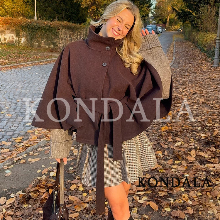 KONDALA Women Fall Casual Elegant Cloak Jacket Stand-Collar Soft Tweed Belt Jacket New 2026 Autumn Winter Trendy Cape Style Coat
