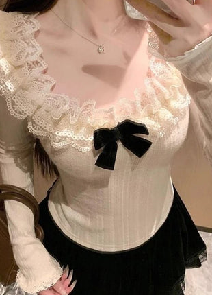 Autunno Inverno Nuovo Dolce Camicetta Rosa Donna Arco Girocollo Manica Lunga Sotto Il Strato Base Magliette e camicette Giapponese Kawaii Vestiti Sottili 2025 - platinumshop