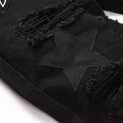 Autumn And Winter Retro Black Ripped Jeans Men'S Straight Leg Pants Pentagram Patch Casual Jeans Pants PlatiNum