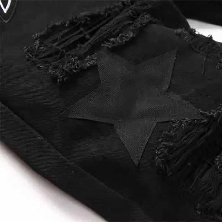 Autumn And Winter Retro Black Ripped Jeans Men'S Straight Leg Pants Pentagram Patch Casual Jeans Pants PlatiNum