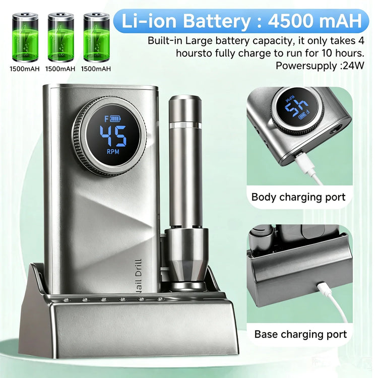 Professional Nail Drill Kit With Charging Dock, 45000RPM Cordless Electric Nail File With LCD Display, Rechargeable 4500mAh Battery Nail Efile For Acrylic & Gel Nails, Manicure Pedicure, Salon & Home Use