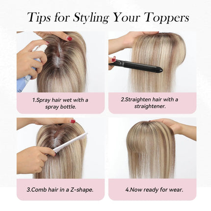 Brown Real Human Hair Toppers with Air Bangs 8inch Hairs Topper Hand-Tied Lace Base 360° Coverage for Women with Thinning Hair