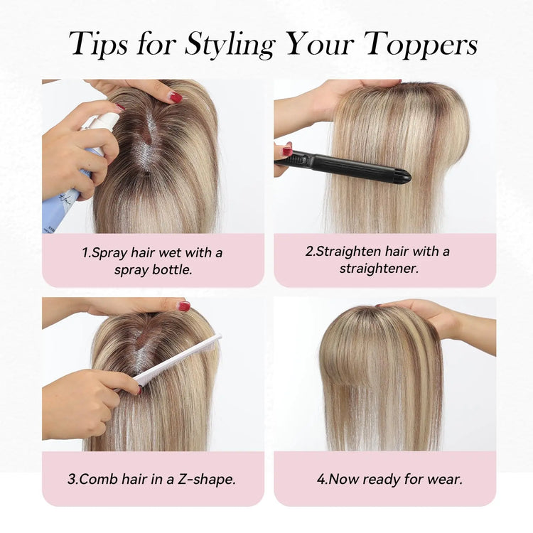 Ombre Light Blonde Real Human Hair Toppers with Swiss Lace Base Hair 3D Air Bangs 10inch Human Hair Topper for Women Hair Loss