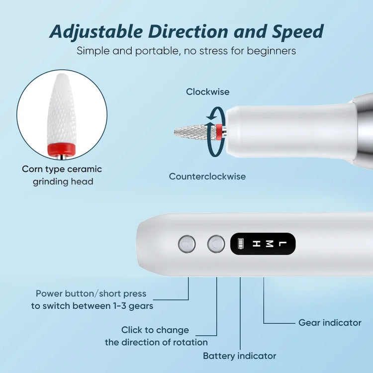 Portable Professional Electric Manicure Nail Drill Polisher Pen, Equipped with Multi-functional Grinding Drill Bits, Efficient Tool for Nail Surface Sanding, Dead Skin Cuticle Removal and DIY Nail Art Creation