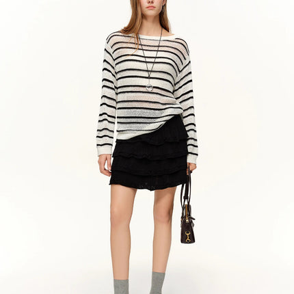 DUSHU Ruffled Knitted Skirt Spring Black Elastic Waist Cake Mini Skirt Ruched Ruffles Sweet Straight Leisure Korean Style PlatiNum
