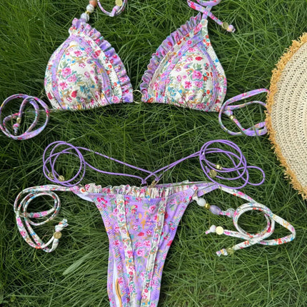 Set Bikini Triangolo Sexy Micro Thong, Costume da Bagno Donna, Biquini con Lacci, Abbigliamento da Spiaggia Stampato, Bikini Thong platinumshop