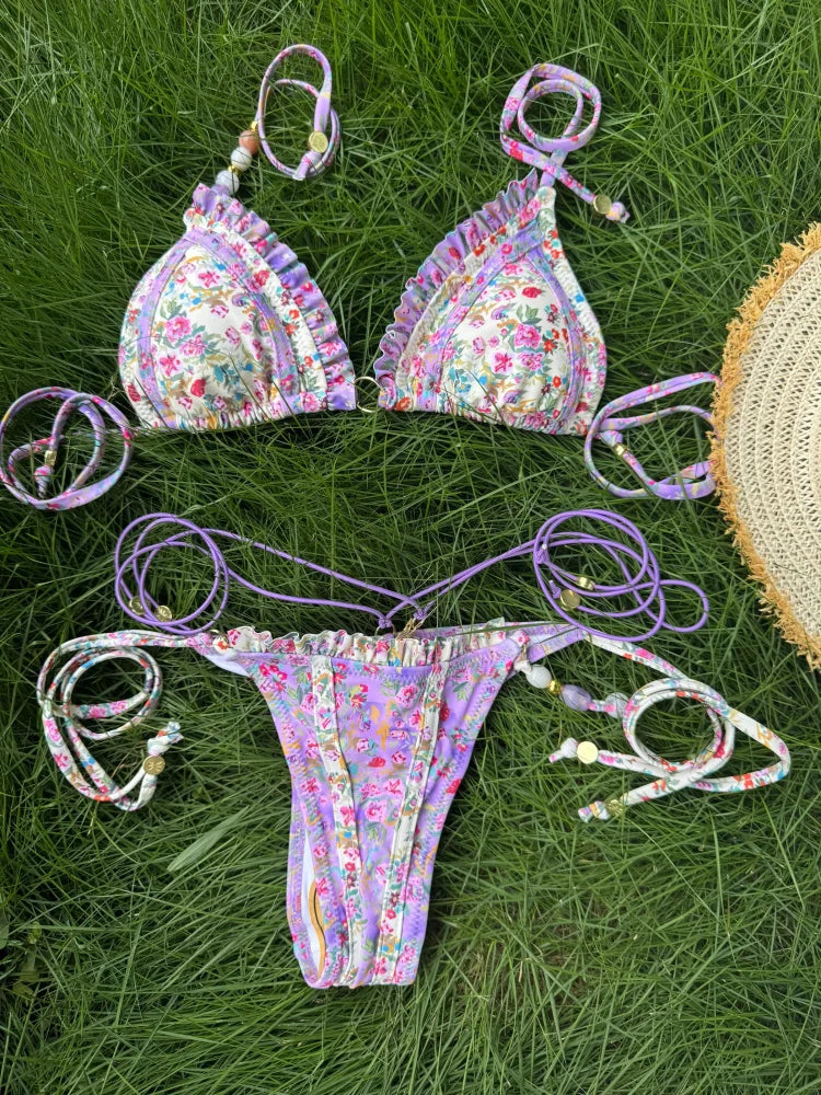 Set Bikini Triangolo Sexy Micro Thong, Costume da Bagno Donna, Biquini con Lacci, Abbigliamento da Spiaggia Stampato, Bikini Thong platinumshop