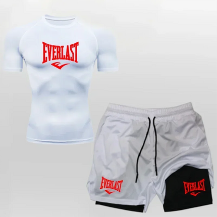 EVERLAST Camicia da Compressione da Uomo + Pantaloncini Sportivi 2 in 1 Set da 2 Pezzi per Il Tempo Libero Respiro Manica Corta Sport Jogging Palestra Marchio di Abbigliamento Stampa platinumshop