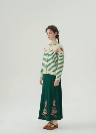 62-96cm Waist Fall Winter Long Skirts Women Elegant Handmade Embriodery Crochet Red Fruit Cashmere Wool Knitted Emerald Skirts PlatiNum