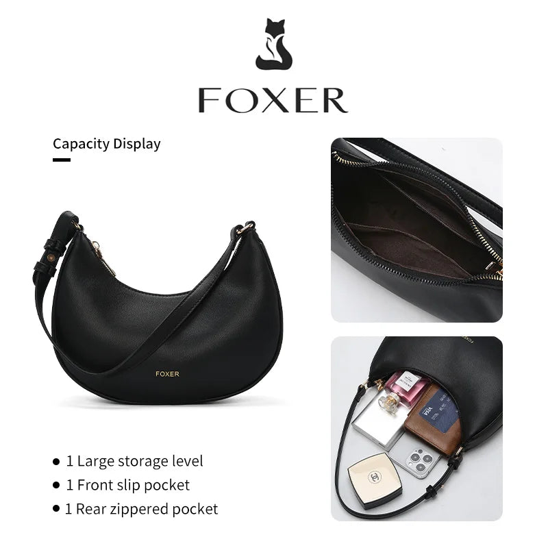 FOXER Brand Women's Shoulder Bag Soft PU Leather Female Handbag Simple Daliy Half-moon Bag Large Capacity Purse New Year Gift