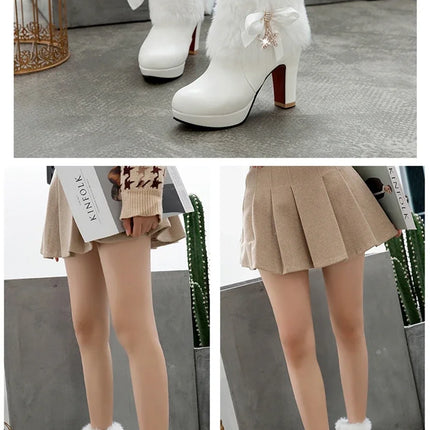 Snow Boots Womens Winter Warm Plush Fashion High Heels Pink White Black Fur Bowt Dress Party Wedding Platform Boots 526-1