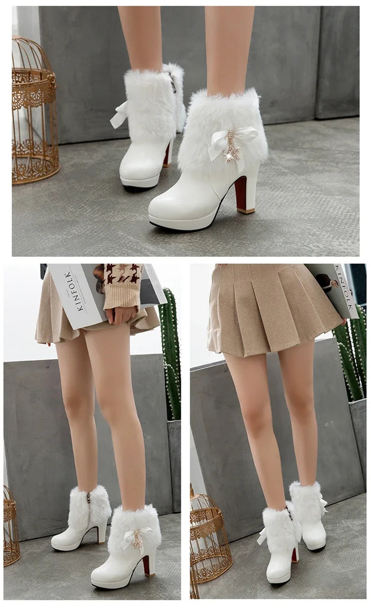 Snow Boots Womens Winter Warm Plush Fashion High Heels Pink White Black Fur Bowt Dress Party Wedding Platform Boots 526-1