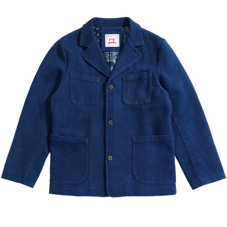 Men's Indigo Cargo Jacket Height Weight Cotton Lapel Multi-pocket Jacket Male French Vintage Thick Workwear Tooling Jacket Coat
