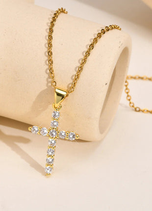 Danity Cubic Zirconia Cross Pendant Necklace for Women, Stainles Steel Chain Adjustable PlatiNum