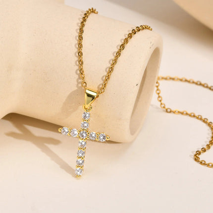 Danity Cubic Zirconia Cross Pendant Necklace for Women, Stainles Steel Chain Adjustable PlatiNum