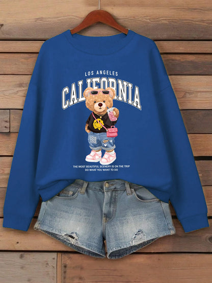 Little Bear Drinking Milk Tea Printed Women Pullover O-Neck Loose Streetwear Casual Autumn Clothes Fleece All-Match Sweatshirt