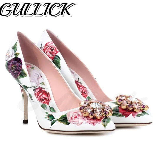 Floral Blossom Crystal Heeled Sandals Luxury Slip On Pointy Toe Mixed Color High Heels Women Designer Gemstone Dress Pink Shoes