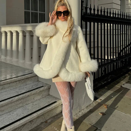 ZADORIN Elegant White Woolen Cape Faux Fur Coat Woman Fur Trim Loose Plush Fur Jacket Woman 2025 Winter Fur Faux Coat Outerwears