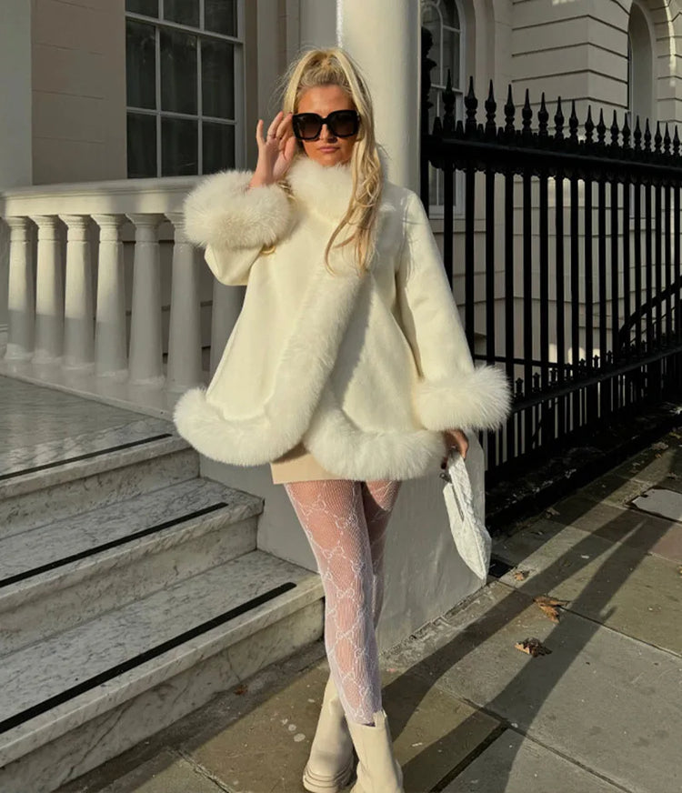 ZADORIN Elegant White Woolen Cape Faux Fur Coat Woman Fur Trim Loose Plush Fur Jacket Woman 2025 Winter Fur Faux Coat Outerwears