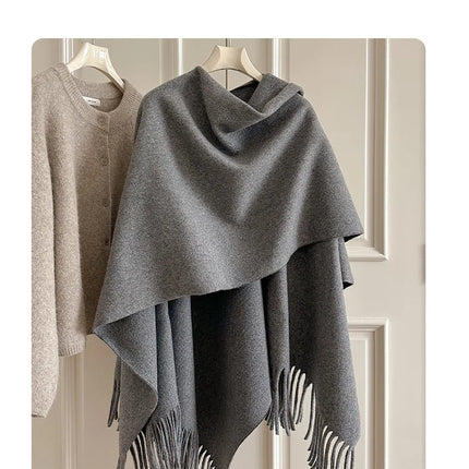 Women Split‑Open Woolen Tassel Poncho Shawl Thick Warm Cape Coat Autumn Winter Travel Photography Outer Wrap