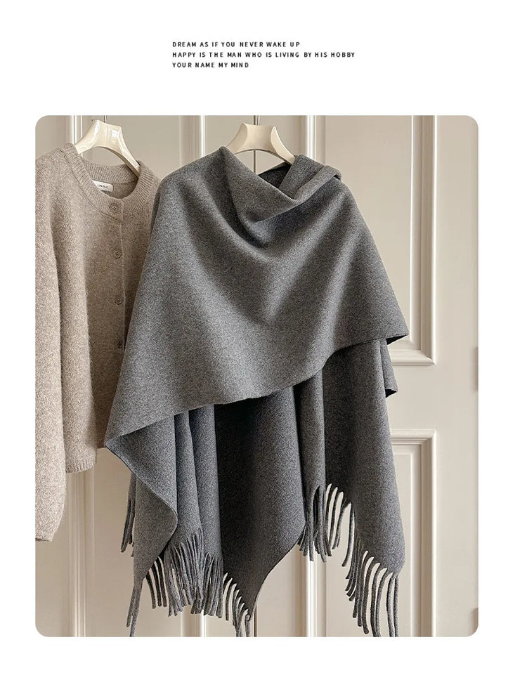 Women Split‑Open Woolen Tassel Poncho Shawl Thick Warm Cape Coat Autumn Winter Travel Photography Outer Wrap