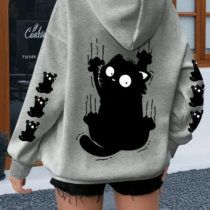 Women Oversized Hoodie Cute Scratch Black Cat Dual Sleeve Print Pullover Sweatshirt Autumn Winter Harajuku Casual Street Tops