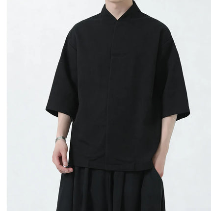 Camicie da uomo estive in lino di alta qualità, tinta unita, a maniche corte, stile cinese tradizionale, per Kung Fu e Tai Chi