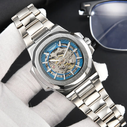 LONGLUX Men Automatic Mechanical Watch Luxury Watches Waterproof Skeleton Business Cheap Wholesale Stainless Steel Gift Watch