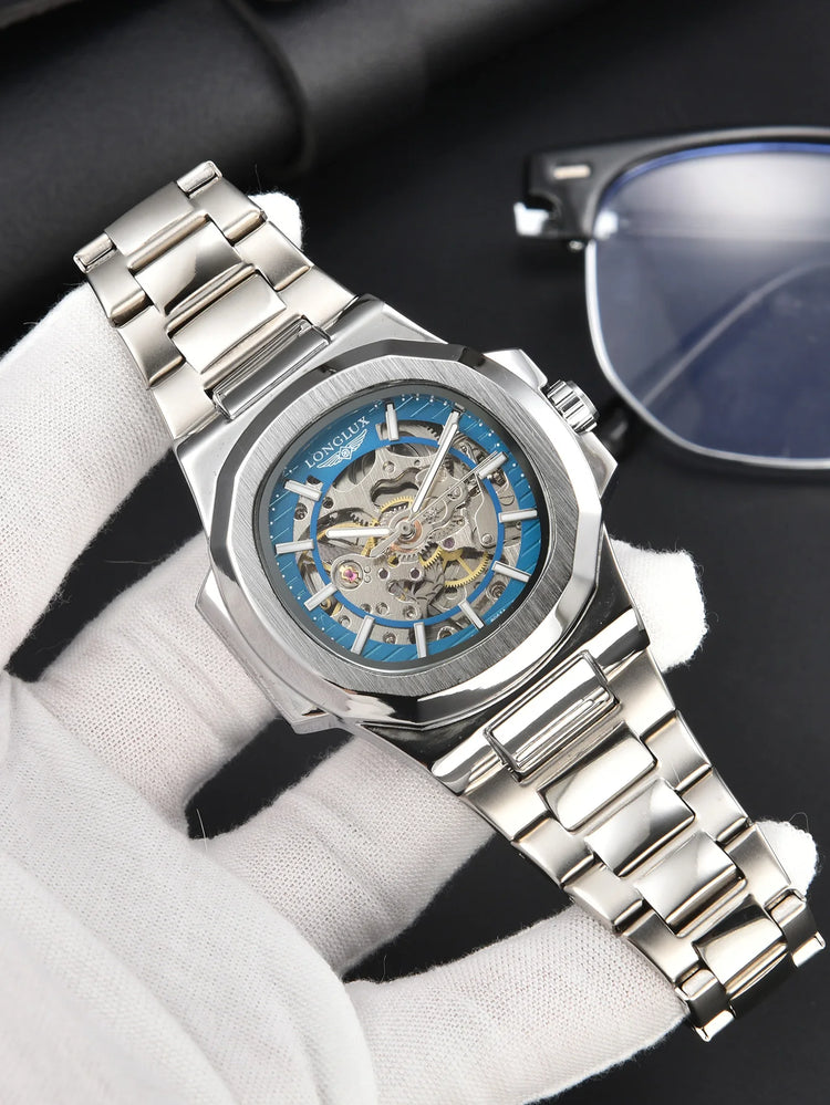 LONGLUX Men Automatic Mechanical Watch Luxury Watches Waterproof Skeleton Business Cheap Wholesale Stainless Steel Gift Watch
