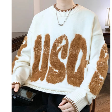 2025 New Letter Jacquard O-Neck Knitwear Men's American Fashion Retro Knitted Sweater Autumn Hip Hop Long Sleeve Y2K Pullovers