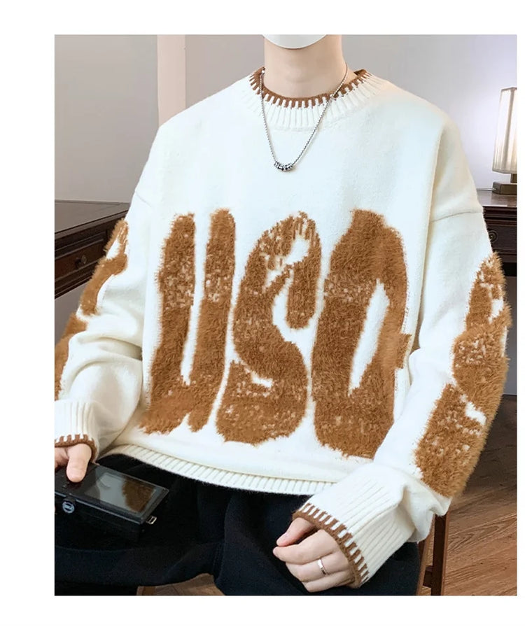2025 New Letter Jacquard O-Neck Knitwear Men's American Fashion Retro Knitted Sweater Autumn Hip Hop Long Sleeve Y2K Pullovers