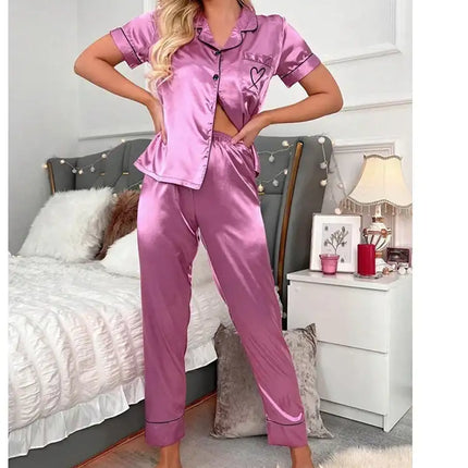 Lussuoso pigiama in raso per donna 2 pezzi pigiama Set tasca cuore ricama pigiameria autunno manica lunga top e pantaloni pigiama femminile platinumshop
