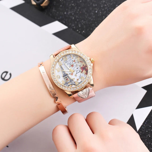 Orologio al quarzo in pelle PU da donna alla moda con strass Torre Eiffel platinumshop